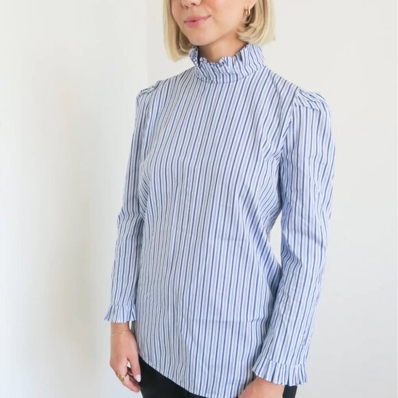 Sandro Blue and White Ruffled Mandarin Collar Blouse - Picture 1 of 10